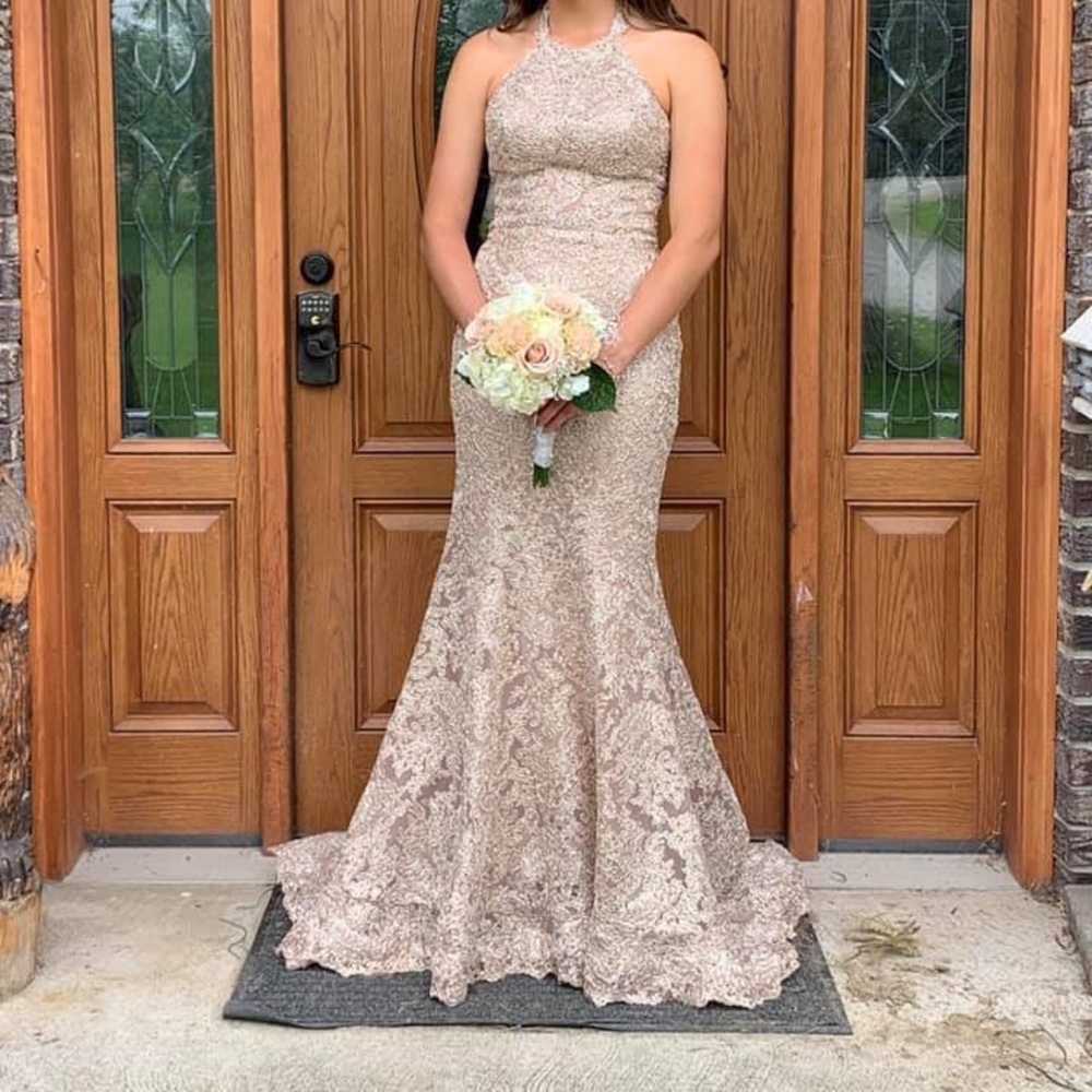 Sherri Hill long rose gold prom dress